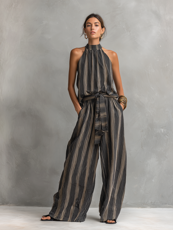 Combinaison-pantalon dos nu en maille rayée pour femme, à jambes larges