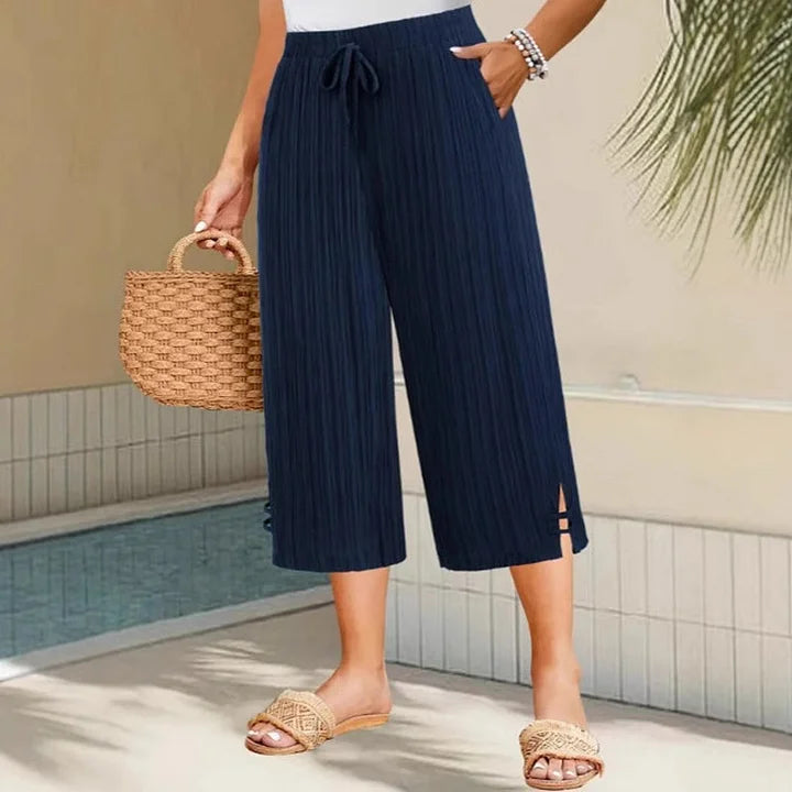 Women’s Linen Pleated Drawstring Wide-Leg Culottes