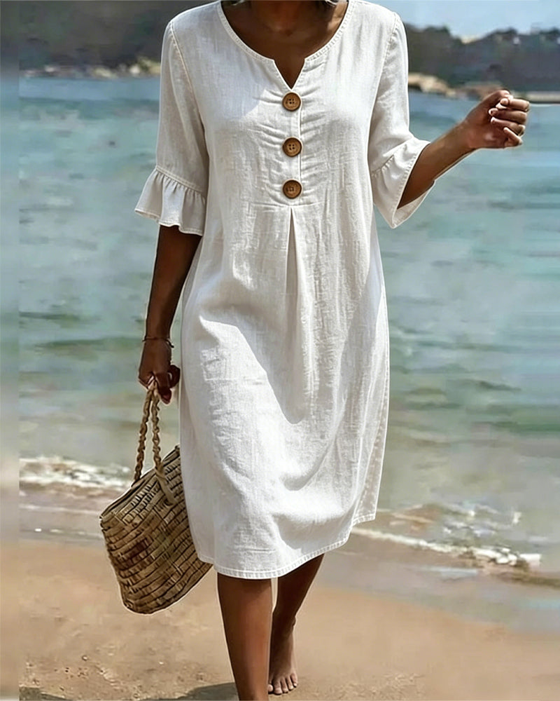 Linen V Neck Flute Sleeve Midi Dress for Women