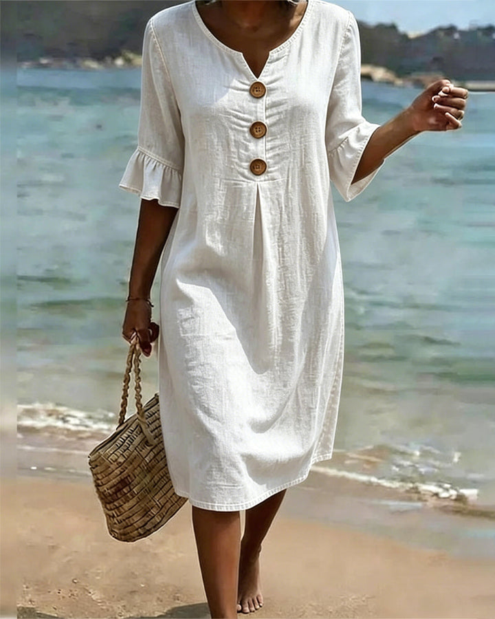 Linen V Neck Flute Sleeve Midi Dress for Women