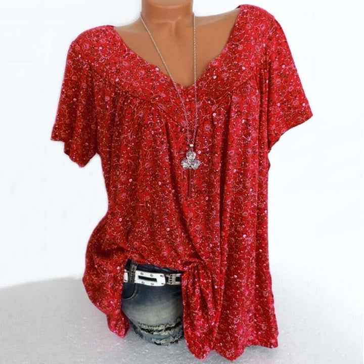Women’s Linen Printed V-Neck Short-Sleeve Blouse