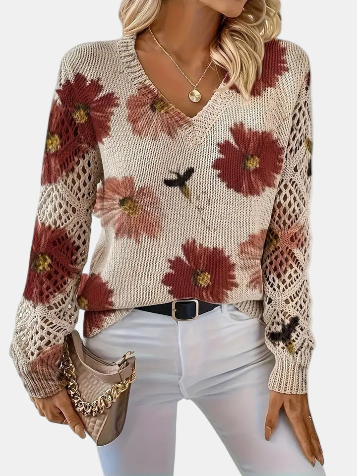 Women's Long Sleeve Knit V-Neck Floral Sweater Jumper