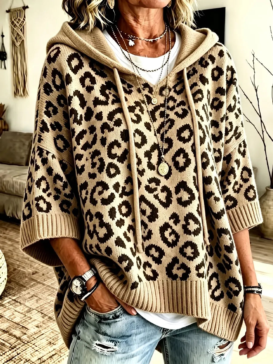 Women's Hooded Leopard Print Knit Poncho Sweater Pullover Jumper