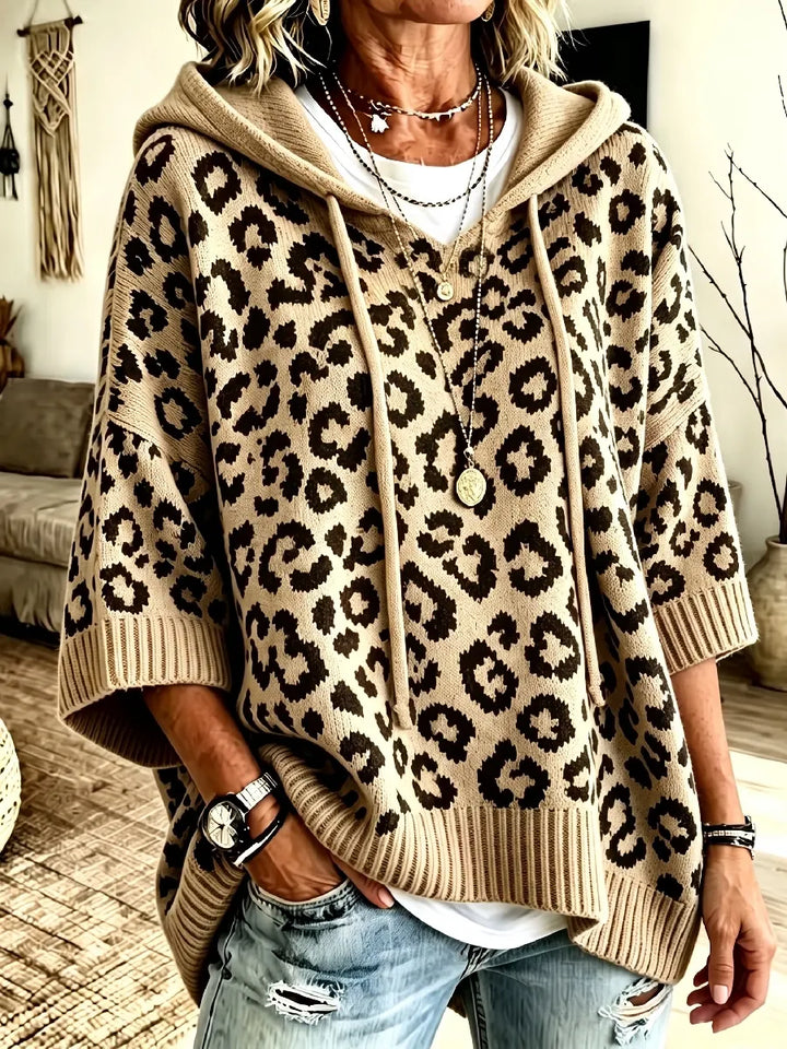 Women's Hooded Leopard Print Knit Poncho Sweater Pullover Jumper