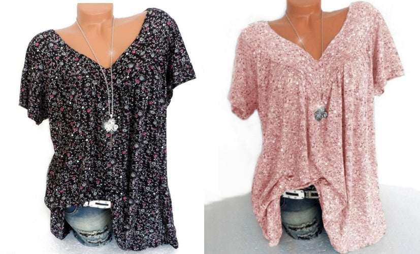 Women’s Linen Printed V-Neck Short-Sleeve Blouse