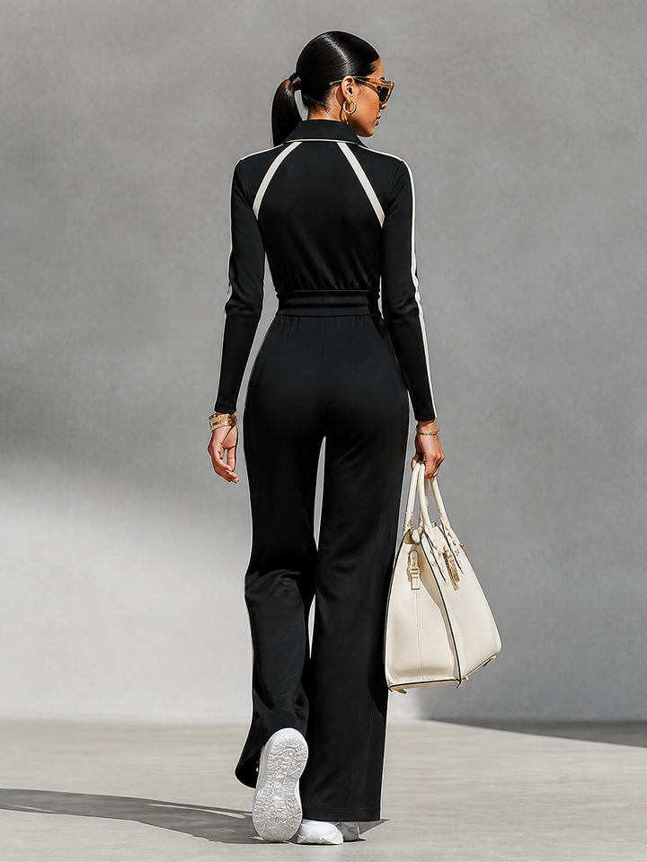 Combinaison-pantalon en maille à manches longues, jambes larges, rayée et zippée pour femme