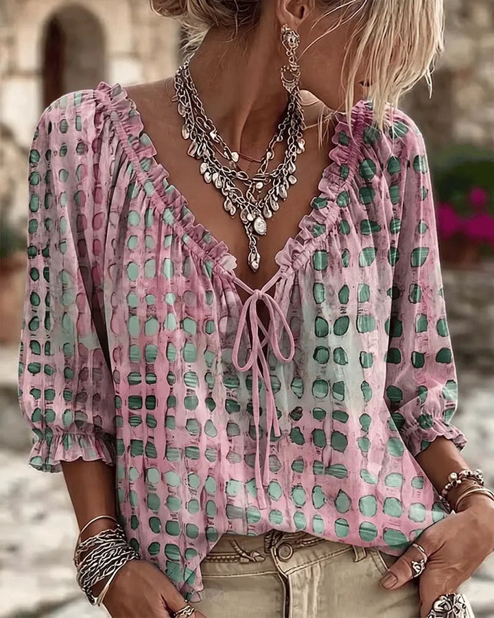 Women's Blouse Linen Boho V-Neck Long Sleeve Patterned Tunics