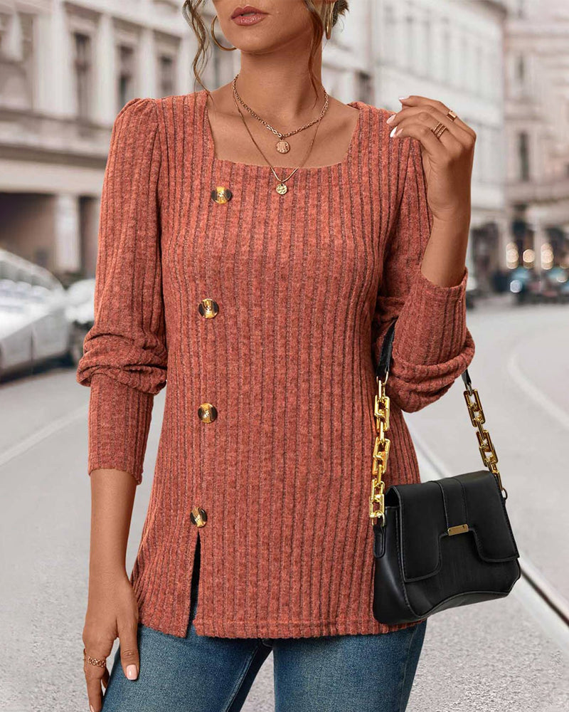 Women's Jumper Ribbed Knit Square Neck Long Sleeve Top