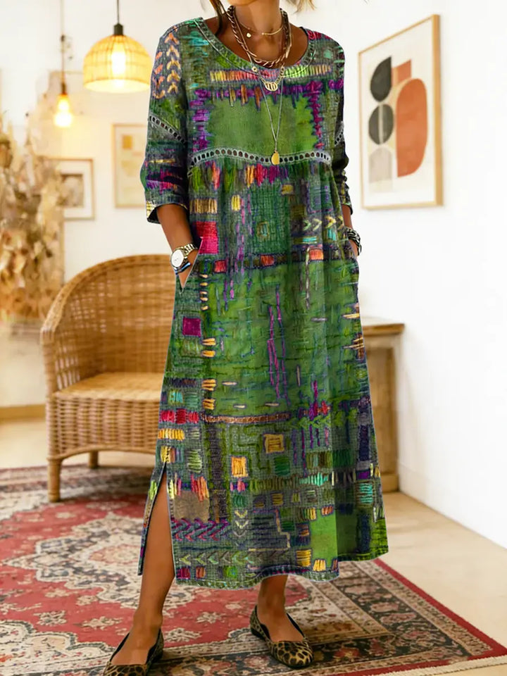 Women's Linen Blend Geometric Print Round Neck Long-Sleeve Midi Dress