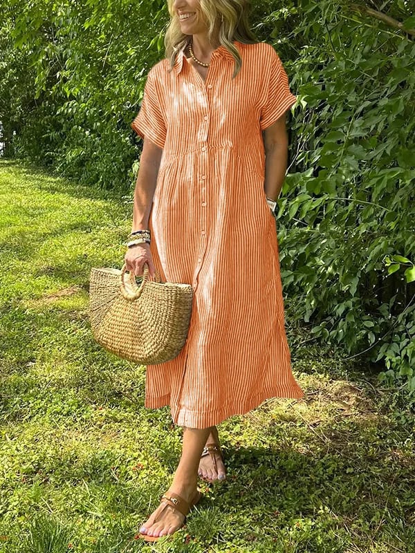 Linen Striped Button Down Shirt Dress for Women