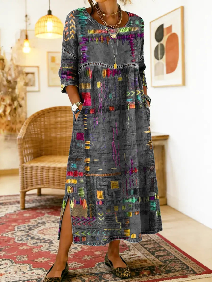 Women's Linen Blend Geometric Print Round Neck Long-Sleeve Midi Dress