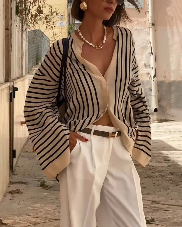 Women’s Linen-Blend Striped Button-Up Blouse
