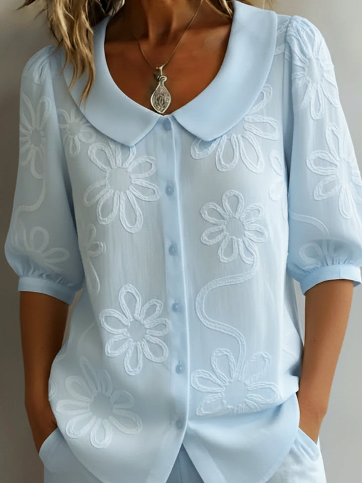 Women's Knit Peter Pan Collar Floral Blouse