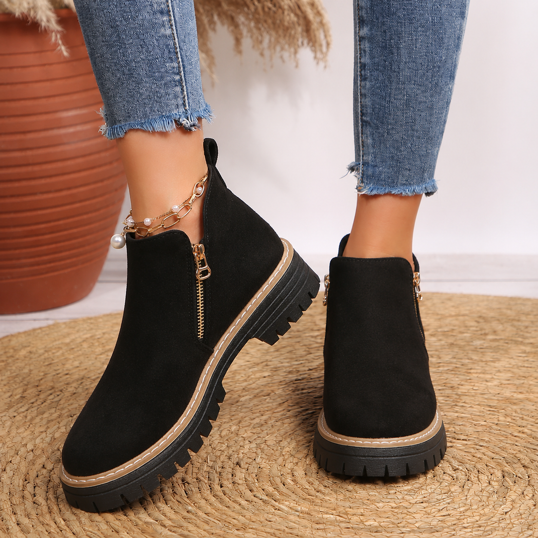 Women's Leather Ankle Boots Zipper Lug Sole Chunky Booties