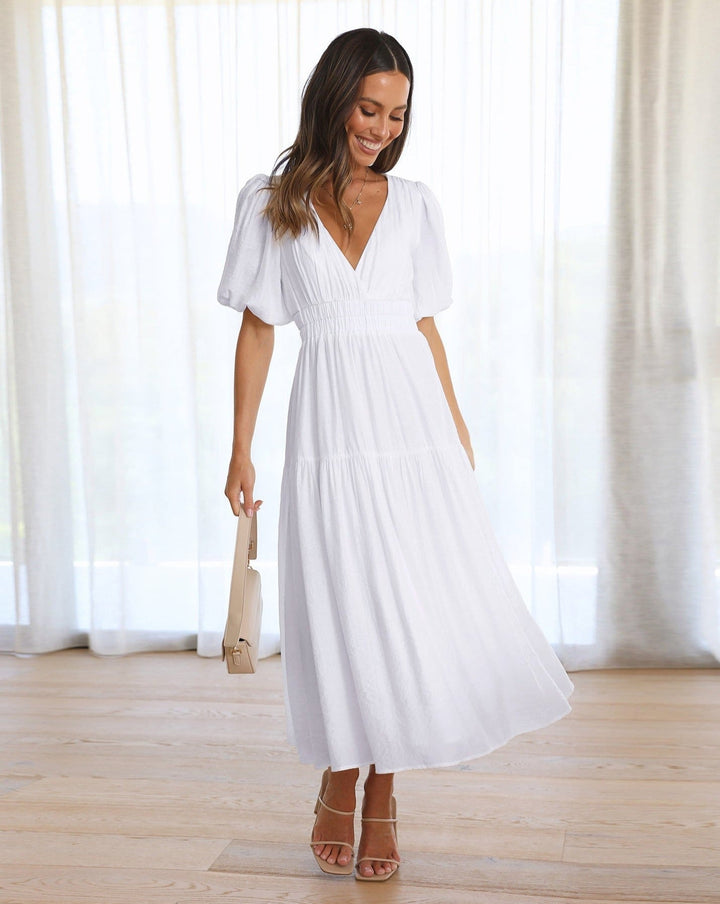 Women's Linen Blend Puff Sleeve Tiered V Neck Midi Wrap Dress