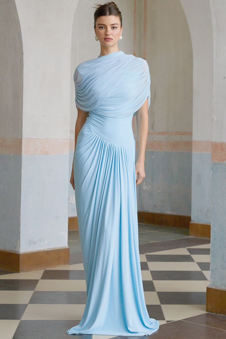 Women’s Satin Draped Mock-Neck Asymmetric Ruched Maxi Dress