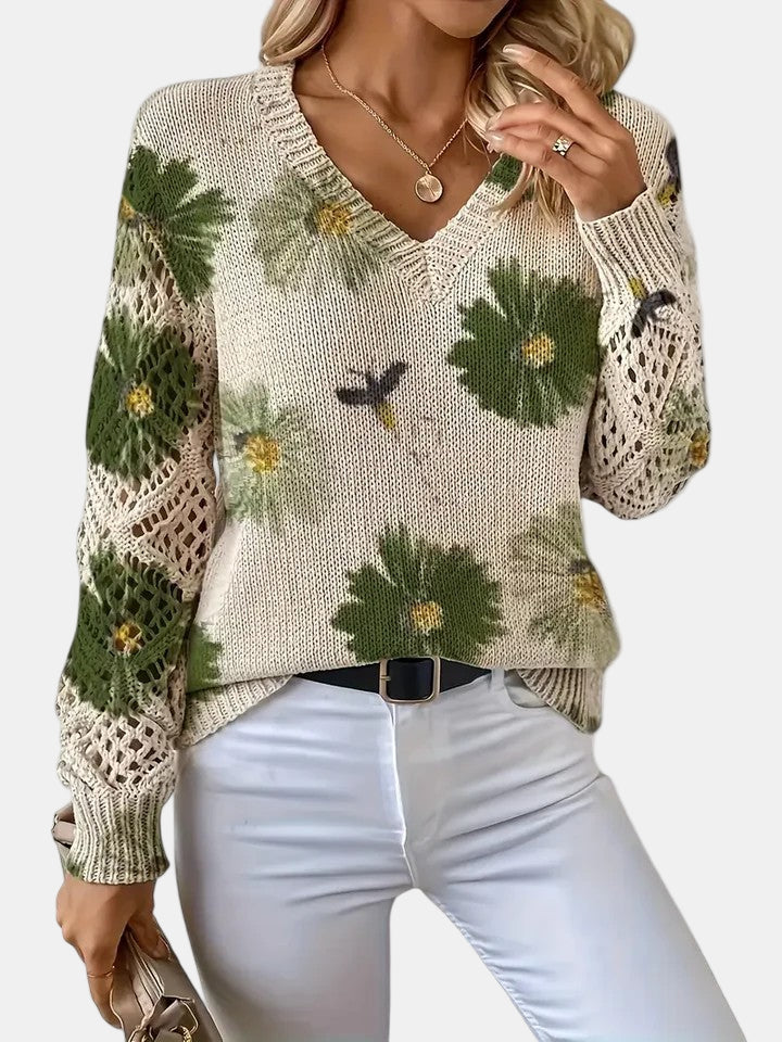 Women's Long Sleeve Knit V-Neck Floral Sweater Jumper