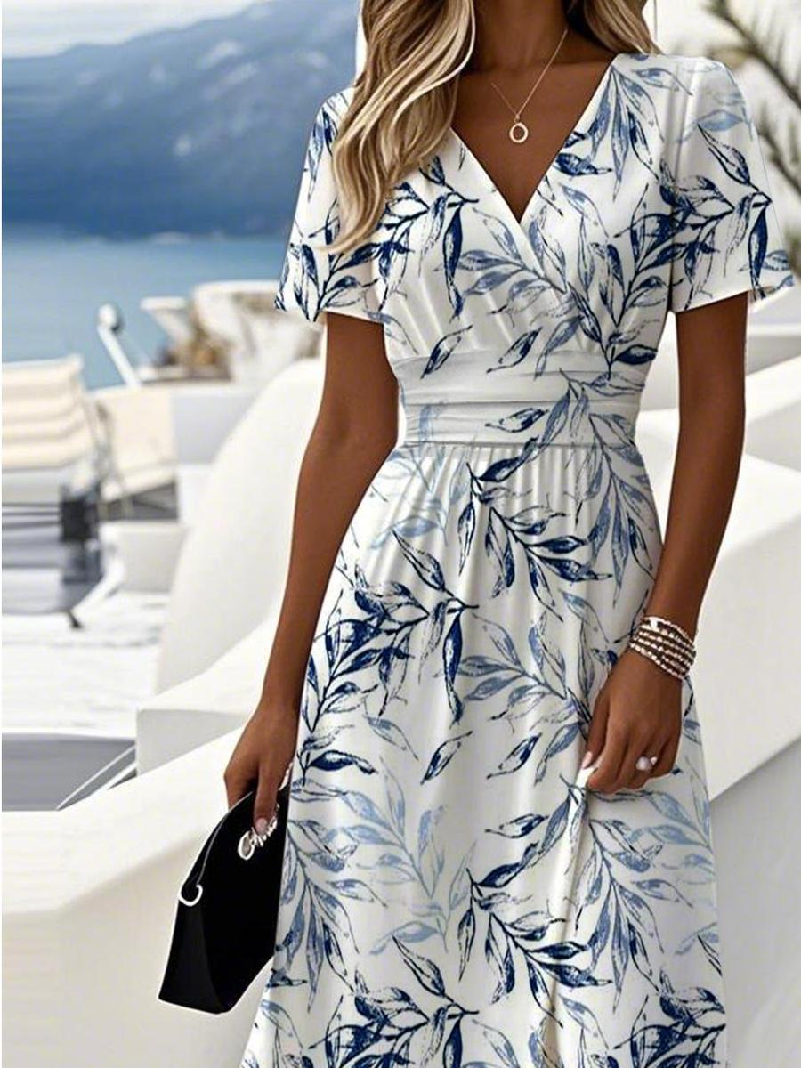 Women's Floral V-Neck Wrap Linen Blend Midi Short Sleeve Dress