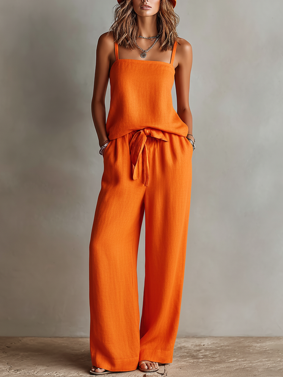 Women's Linen Blend Wide Leg Lounge Set Two Piece Outfit