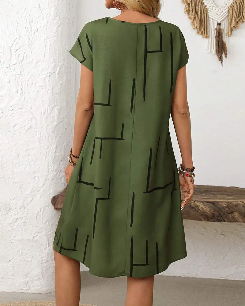 Women's Short Sleeve Linen Midi Shift Dress