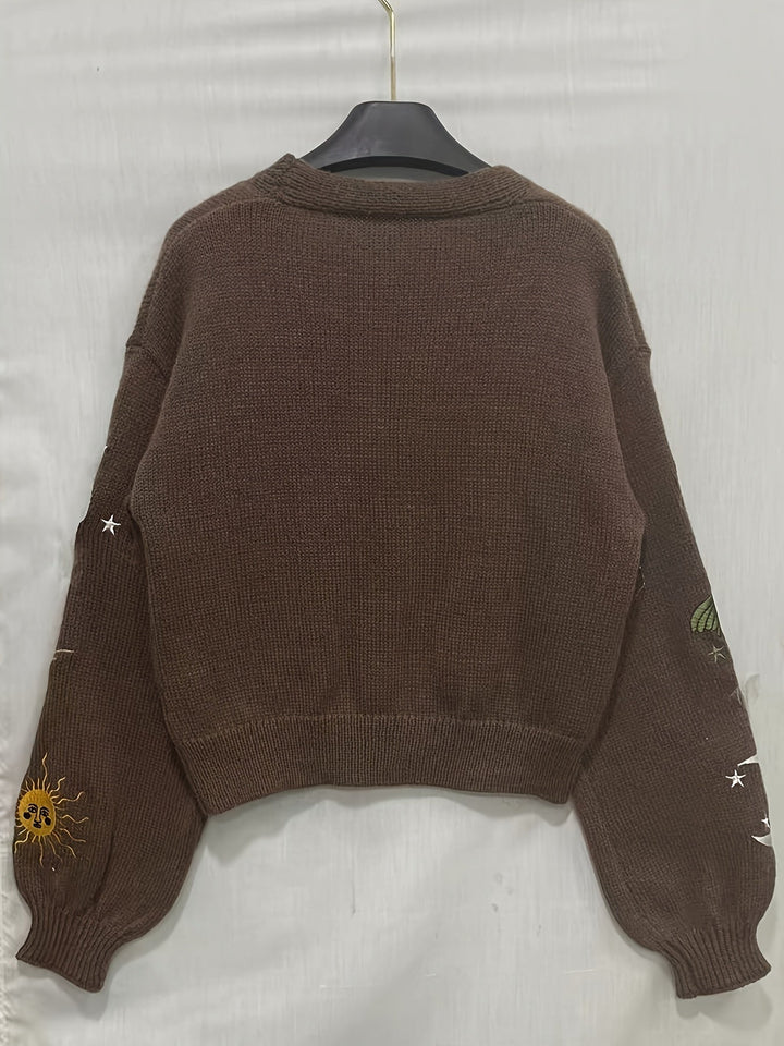 Women's Wool Sweater Embroidered Knit Jumper V-Neck Cardigan