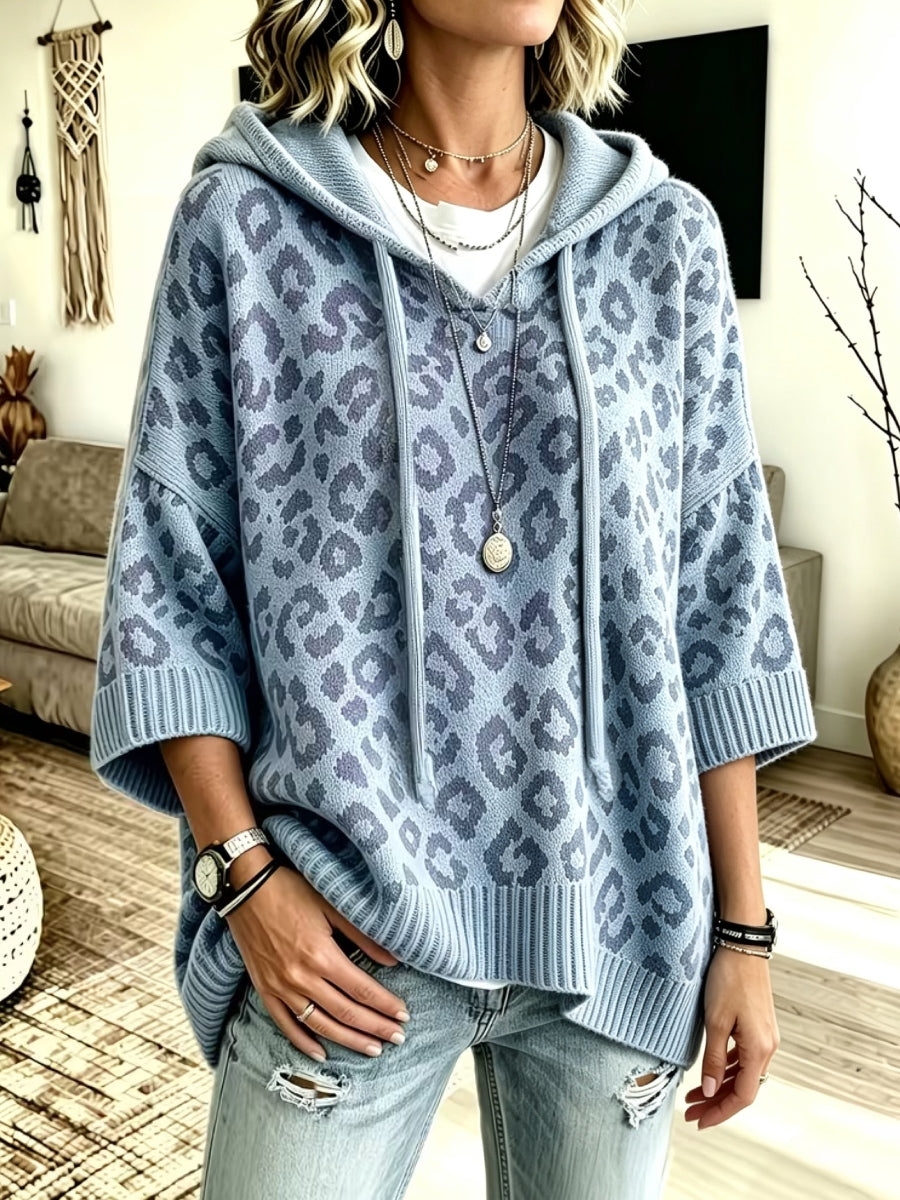 Women's Hooded Leopard Print Knit Poncho Sweater Pullover Jumper