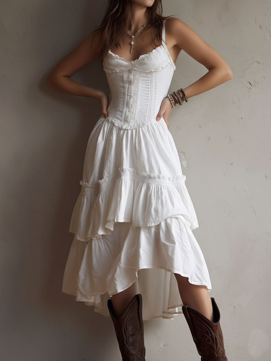 Women's Linen Corset-Style Tiered Midi Dress