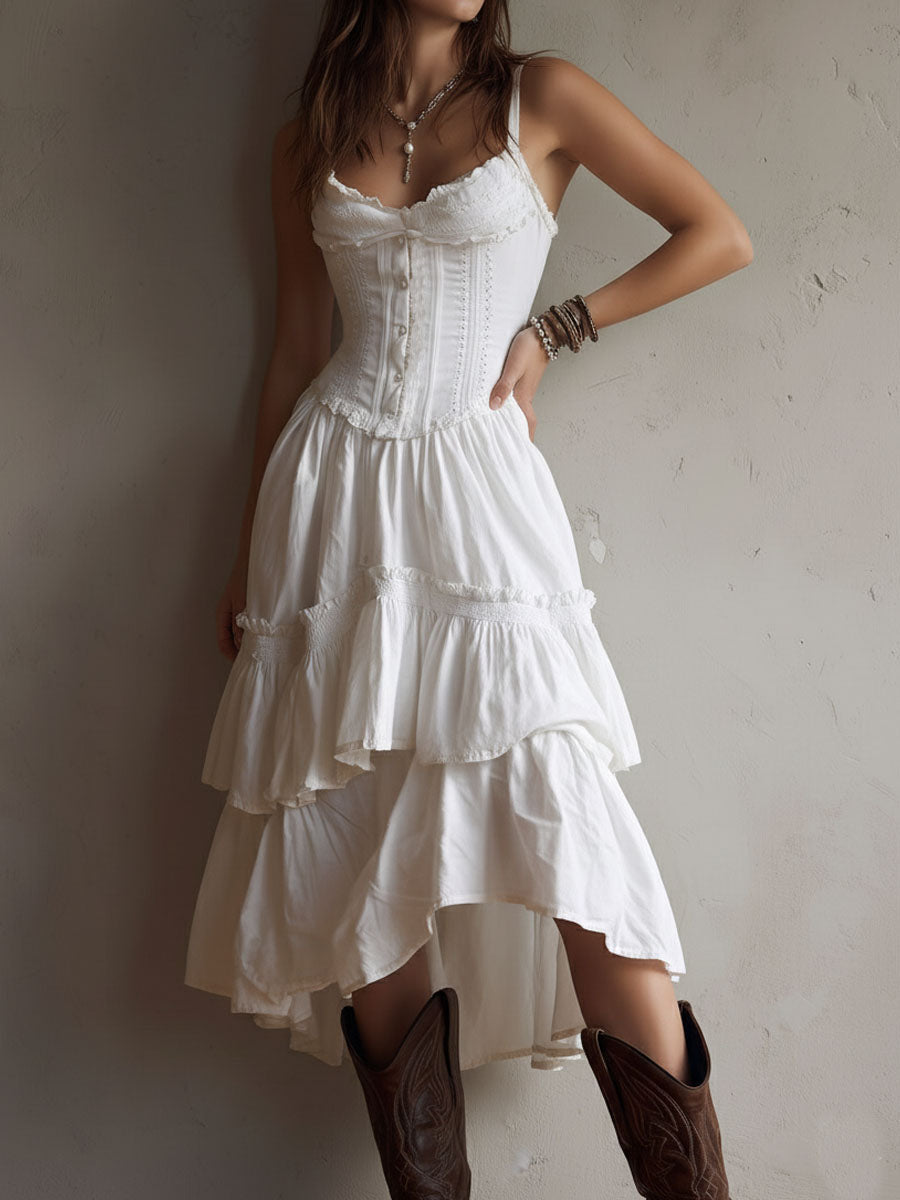 Women's Linen Corset-Style Tiered Midi Dress