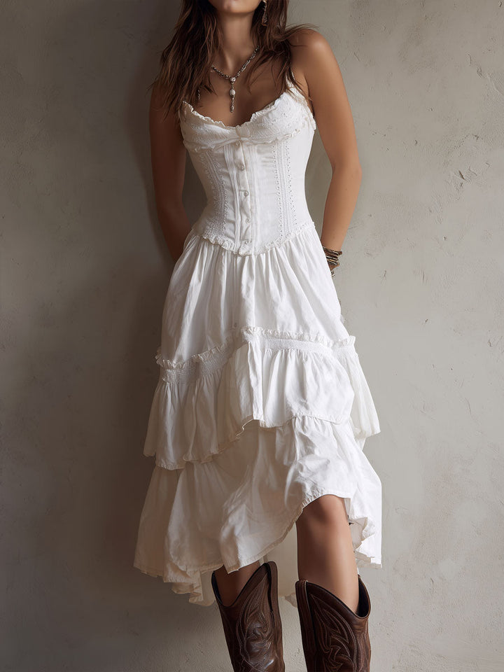 Women's Linen Corset-Style Tiered Midi Dress