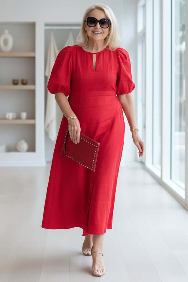 Women's Linen Blend Puff Sleeve Cutout Midi Dress