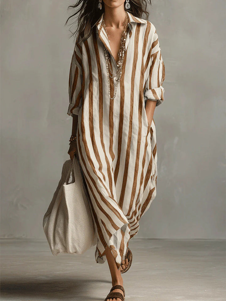 Women's Linen Striped Maxi Shirt Dress Casual Loose Fit Tunic