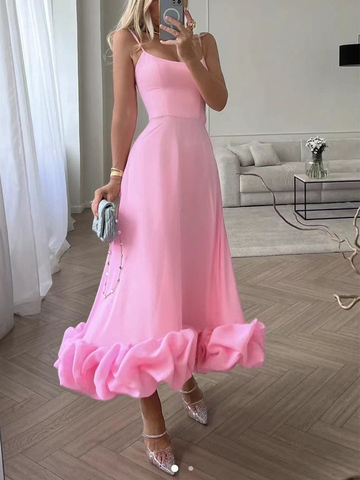 Women's Satin Spaghetti Strap Ruffle Hem Maxi Dress