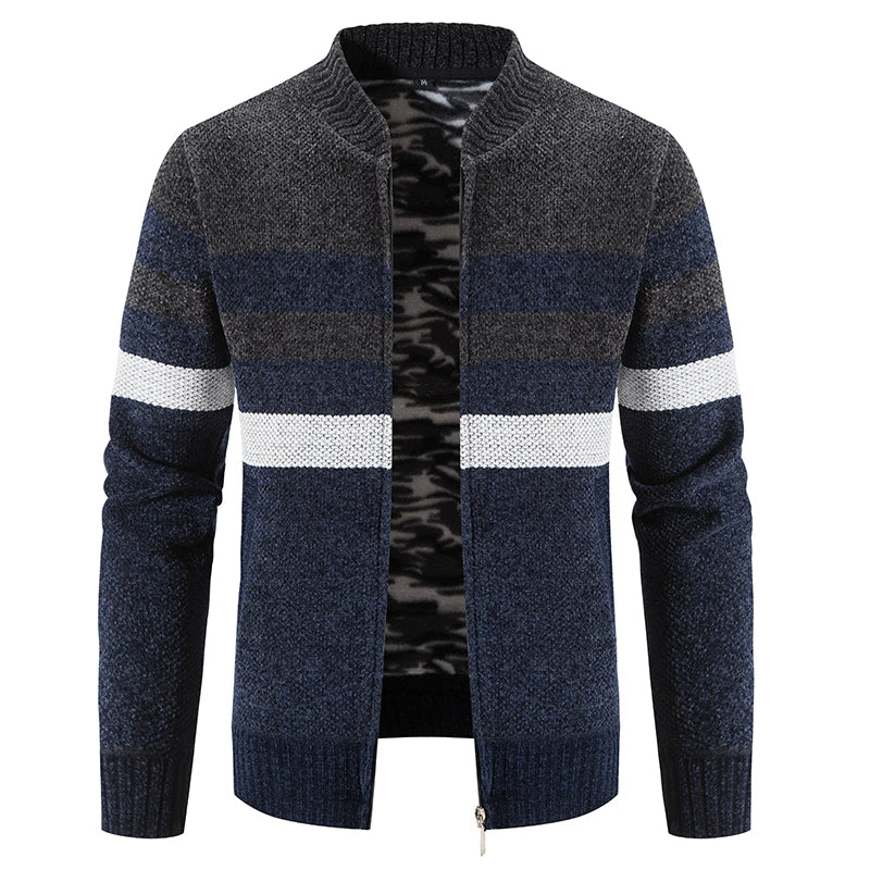 Men's Merino Wool Knit Cardigan Striped Zipper Sweater