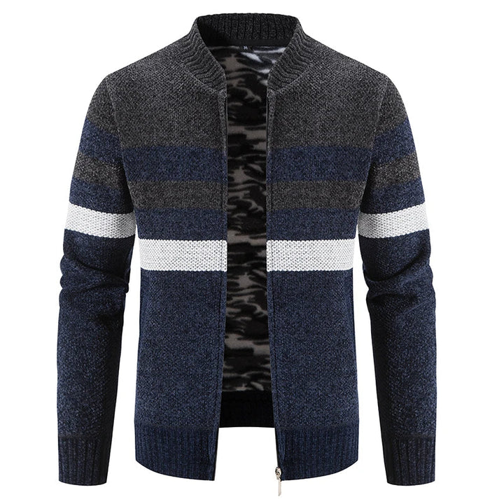 Men's Merino Wool Knit Cardigan Striped Zipper Sweater