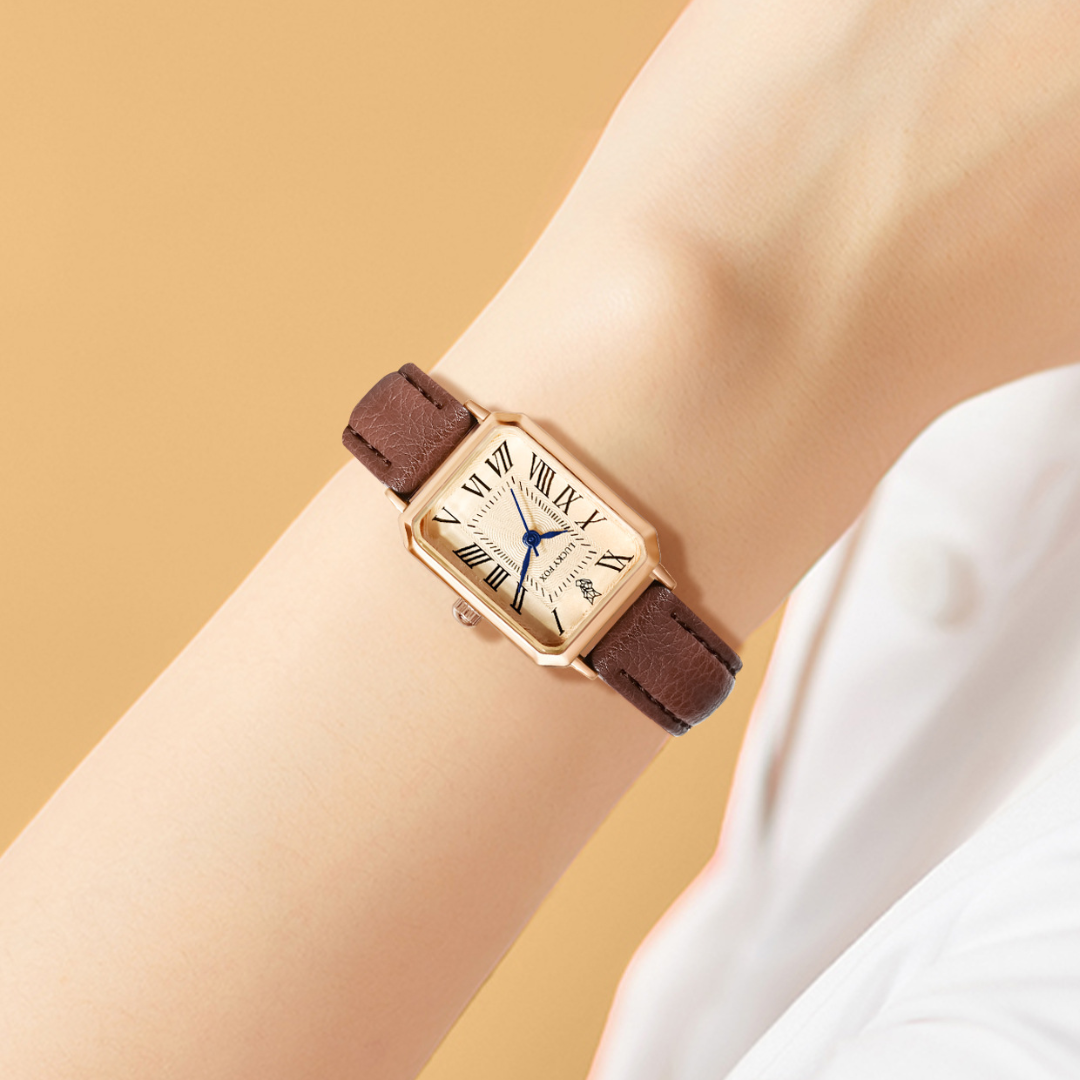 Women's Leather Strap Tank Square Roman Numeral Dress Watch