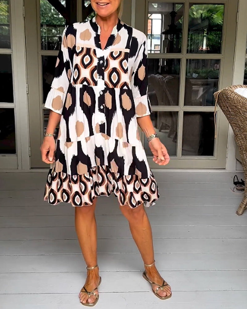 Women's Abstract Print V Neck Tiered Linen Shift Dress