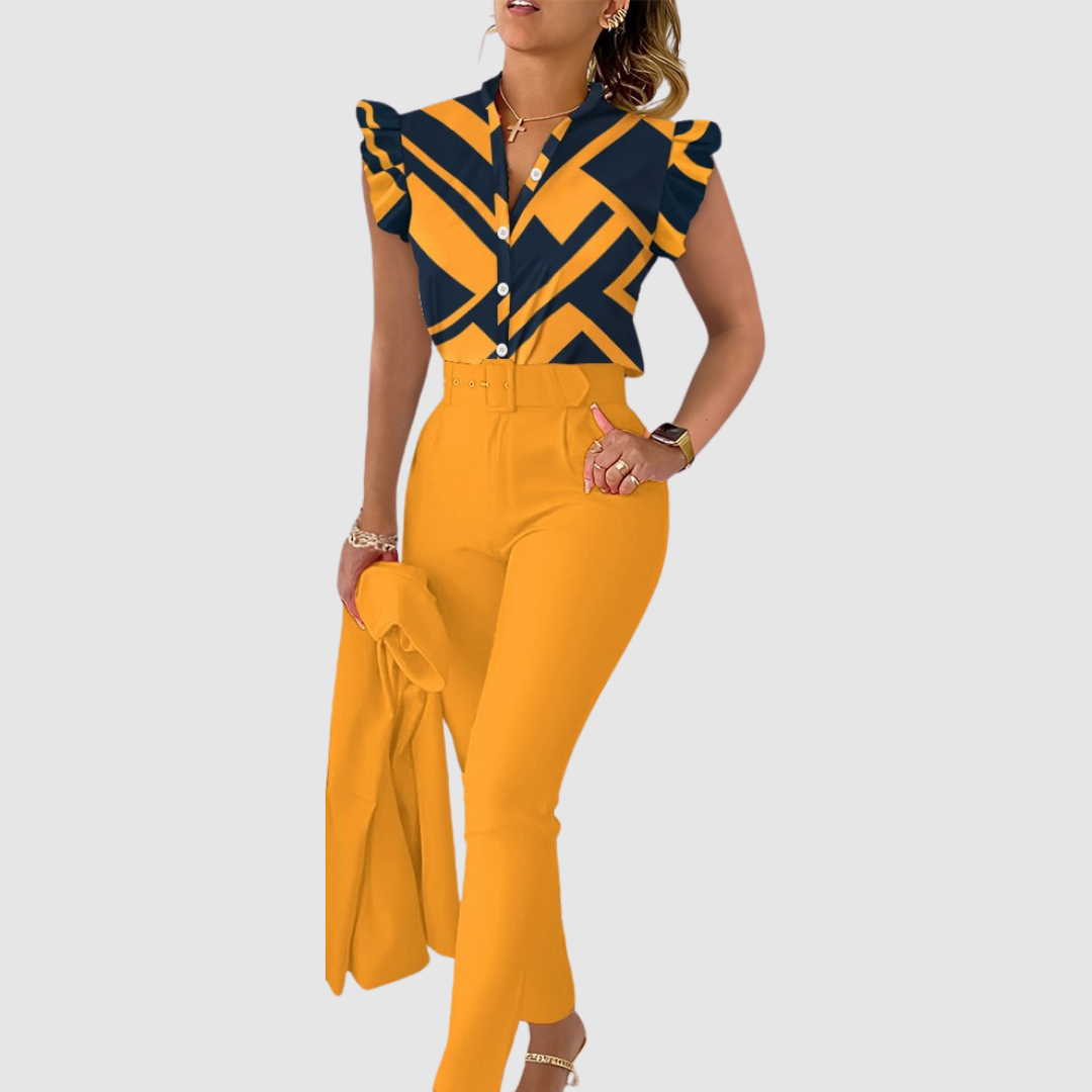 Women’s Linen Ruffle-Sleeve Top & Trousers Matching Set