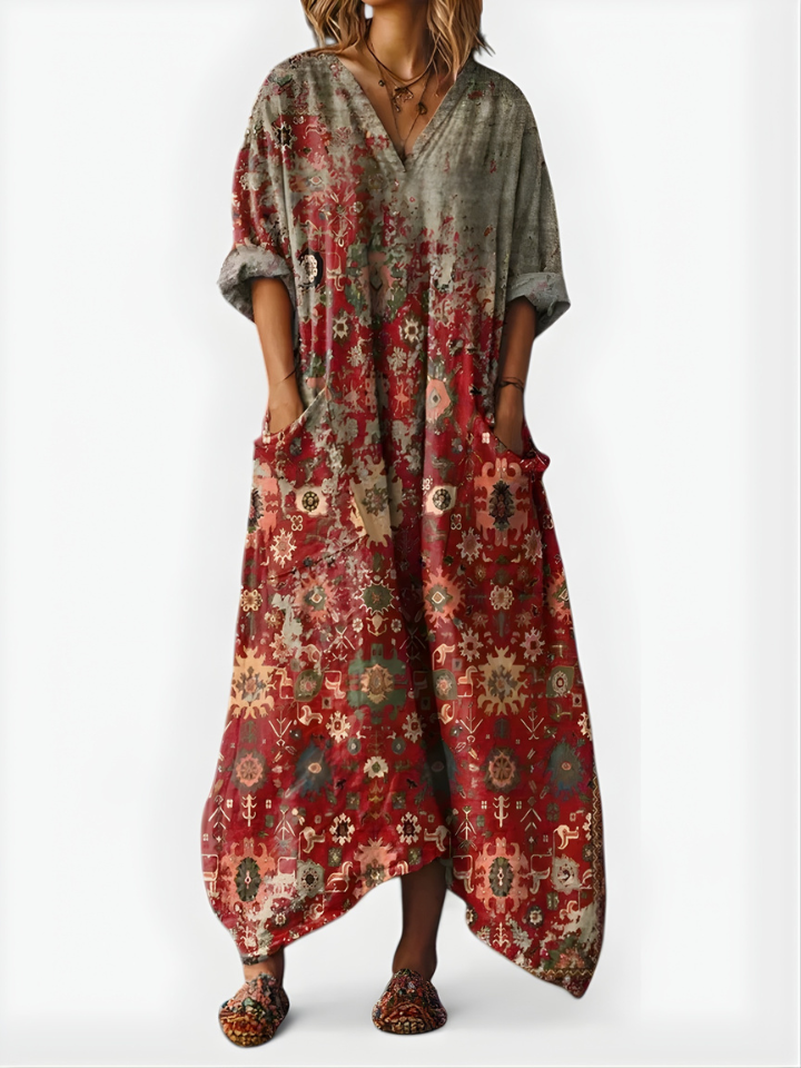 Women’s Linen Kaftan Boho Maxi Dress Floral Embroidered V Neck Relaxed Tunic