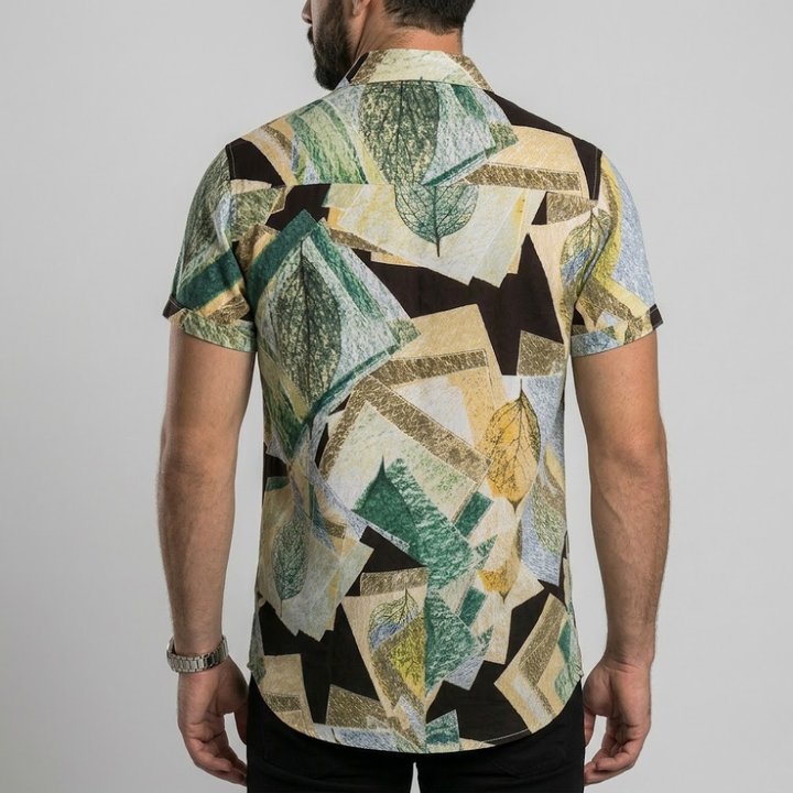 Linen Men's Short Sleeve Button Down Abstract Print Shirt