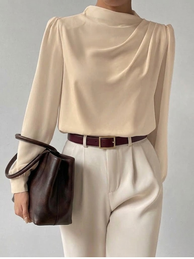 Women's Satin High Neck Blouse Long Sleeve Draped Silk Shirt