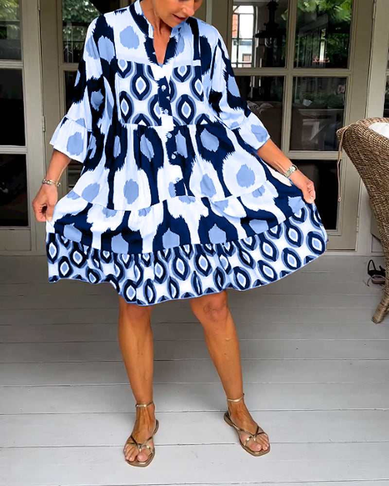 Women's Abstract Print V Neck Tiered Linen Shift Dress