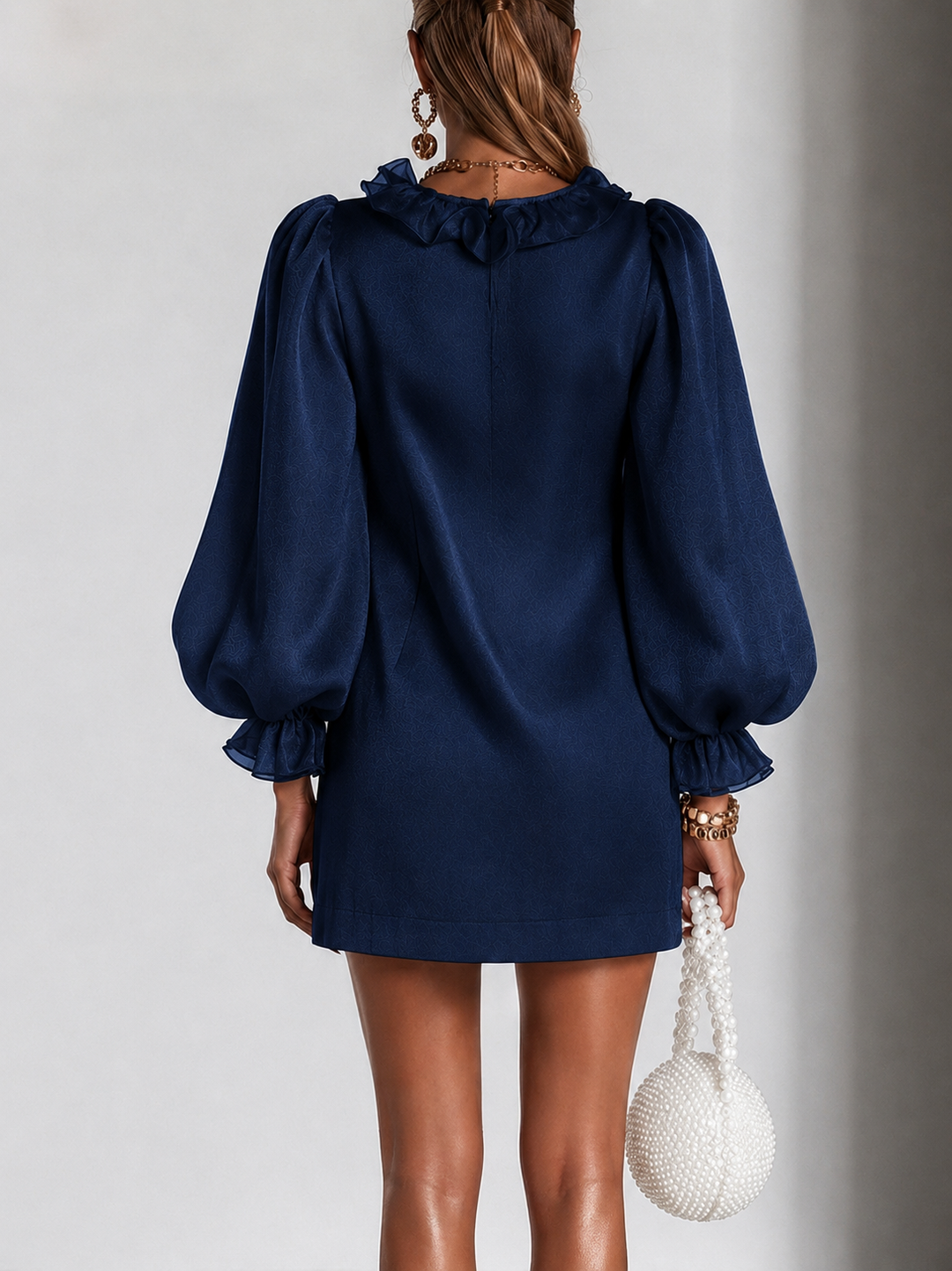 Women's Silk Ruffle Puff Long Sleeve Party Shift Tunic Dress