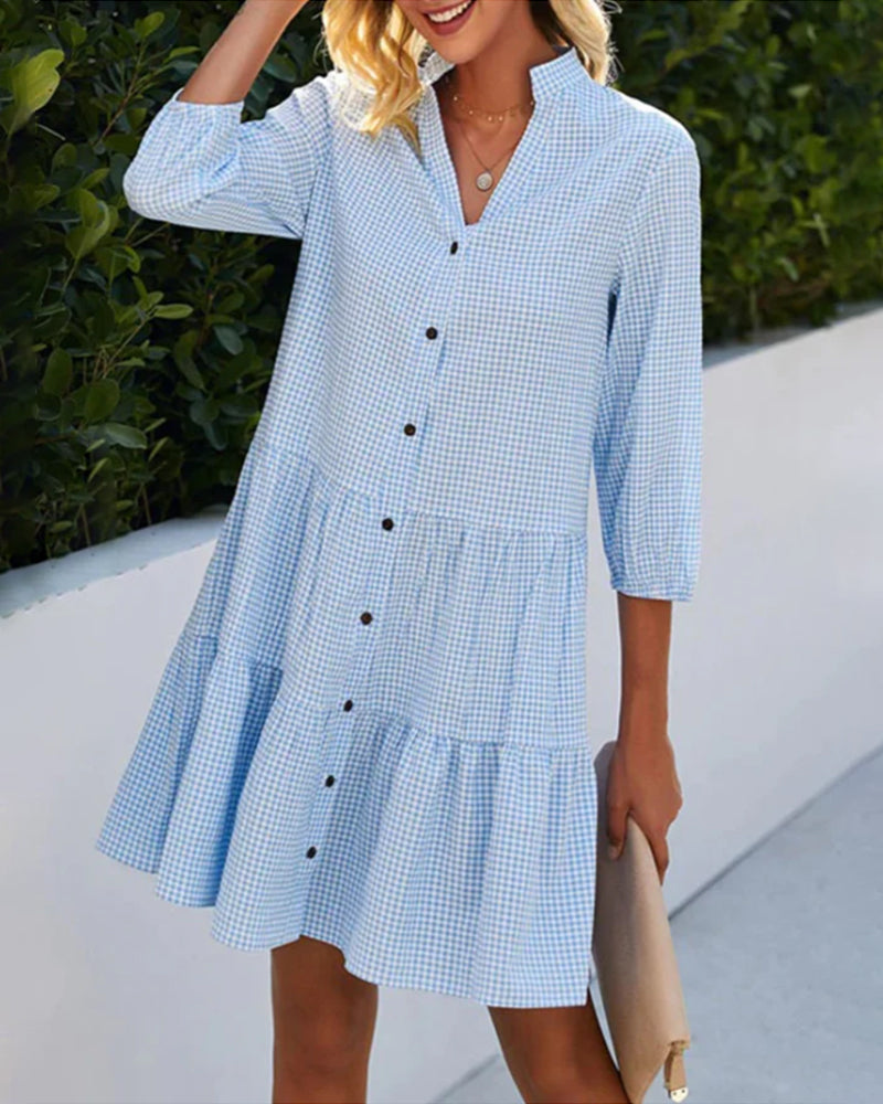 Women’s Linen-Blend Plaid Tiered Mini Shirt Dress