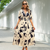 Women's Linen Geometric Print V-Neck Midi Dress