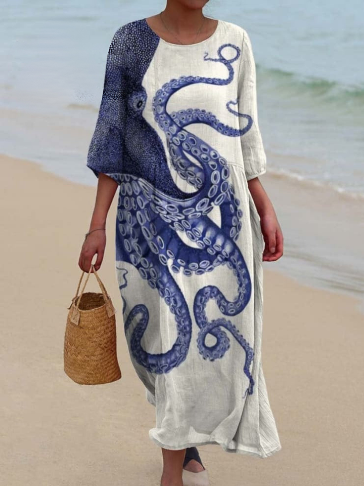Women’s Linen Octopus Print V-Neck Midi Dress Maxi Kaftan Relaxed Fit