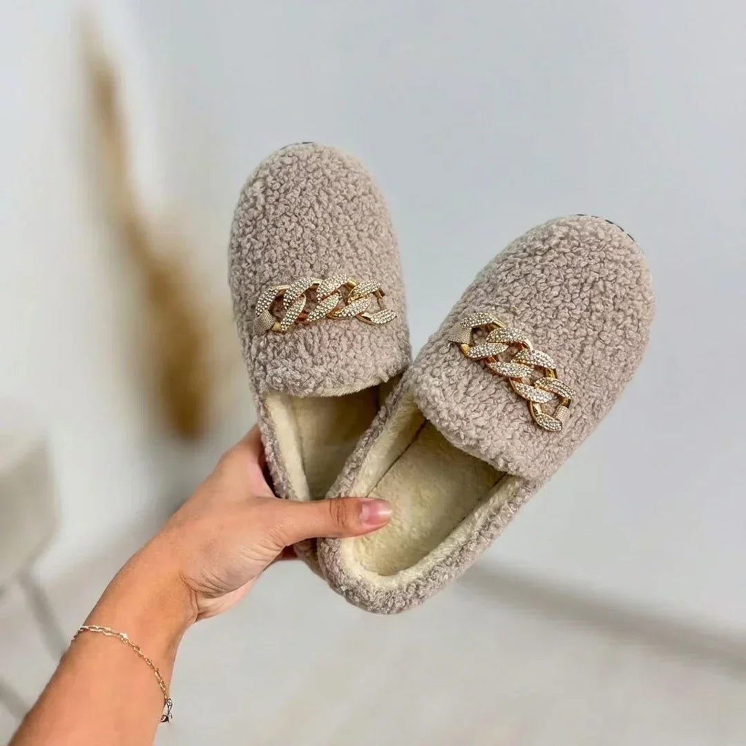 Women's Fleece Chain Loafer Slippers Flat House Shoes