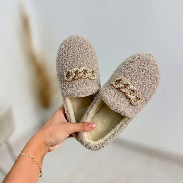 Women's Fleece Chain Loafer Slippers Flat House Shoes