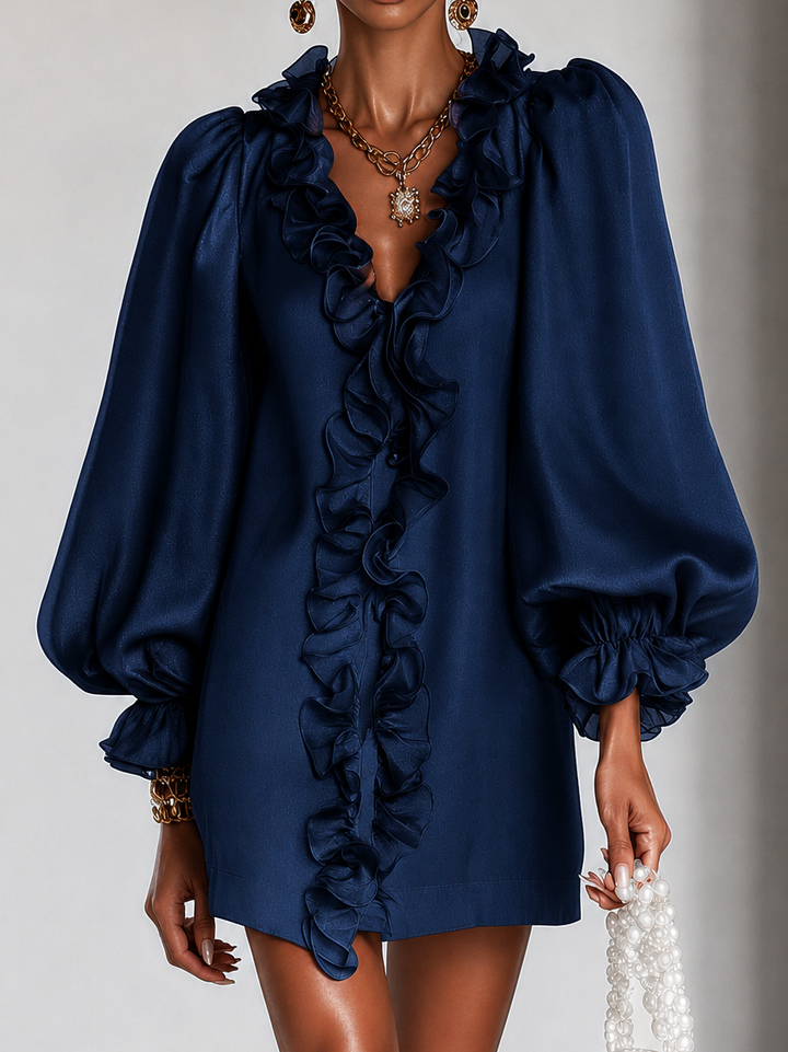Women's Silk Ruffle Puff Long Sleeve Party Shift Tunic Dress