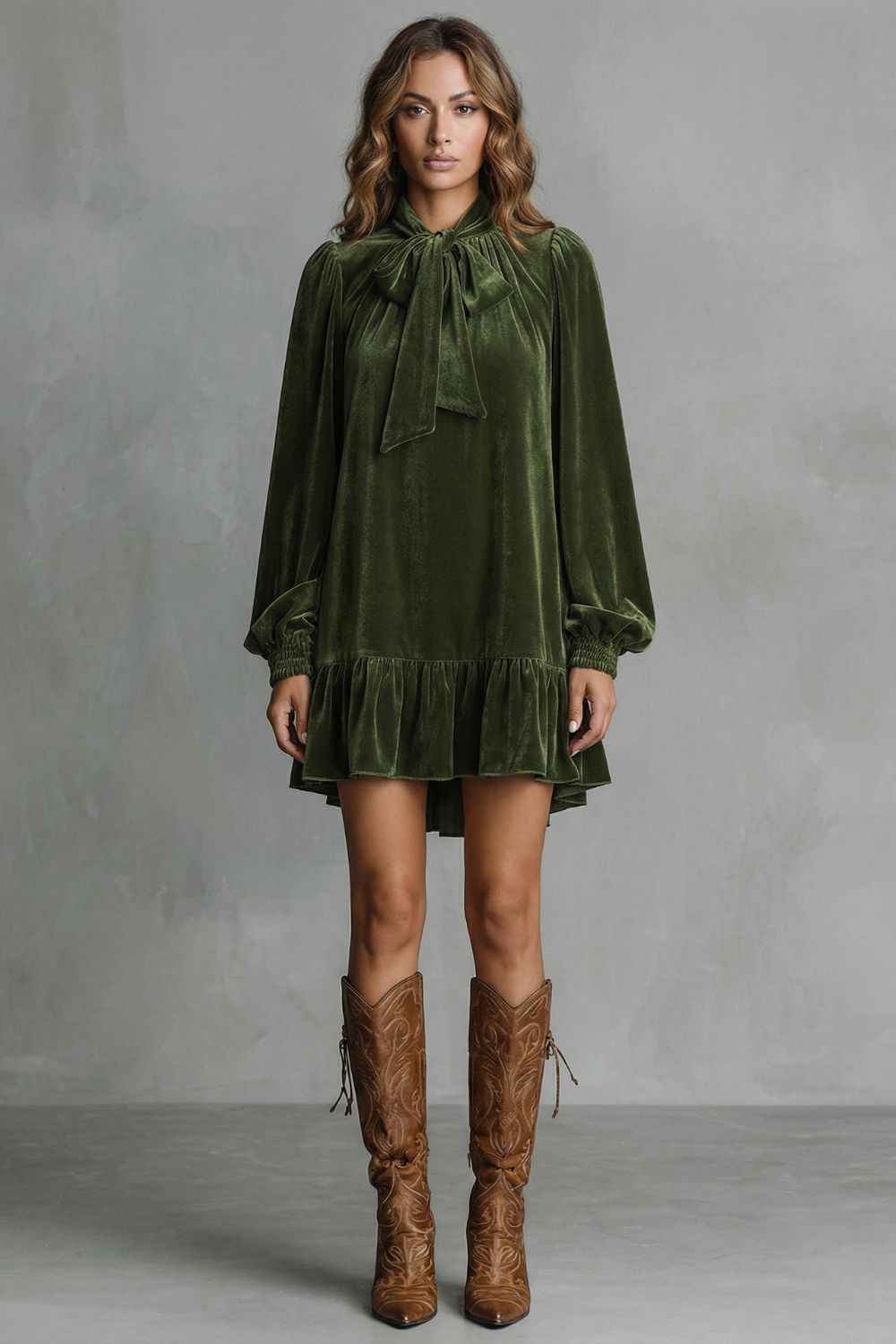 Women’s Velvet Bow-Tie Neck Long-Sleeve Mini Dress