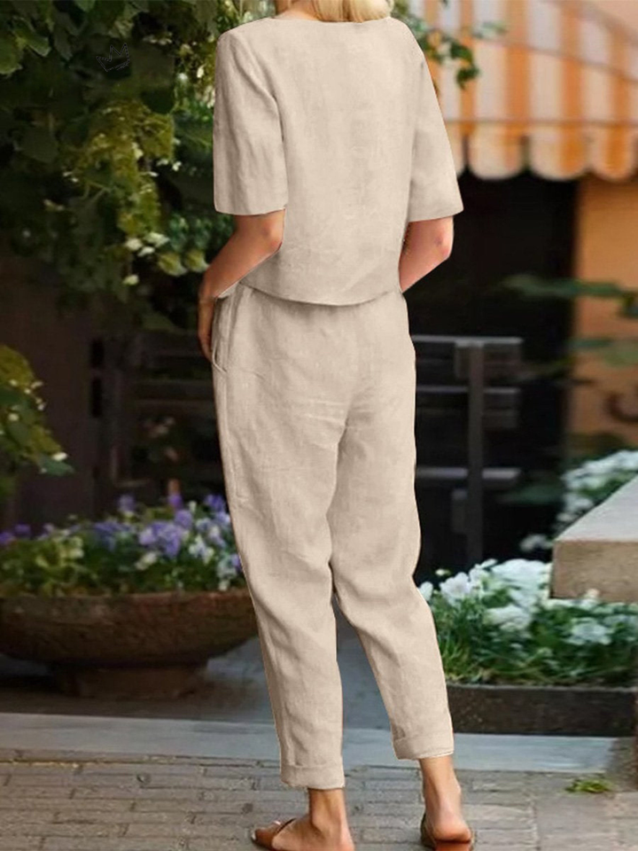 Women's Linen Two Piece Set Short Sleeve Top and Trousers Outfits